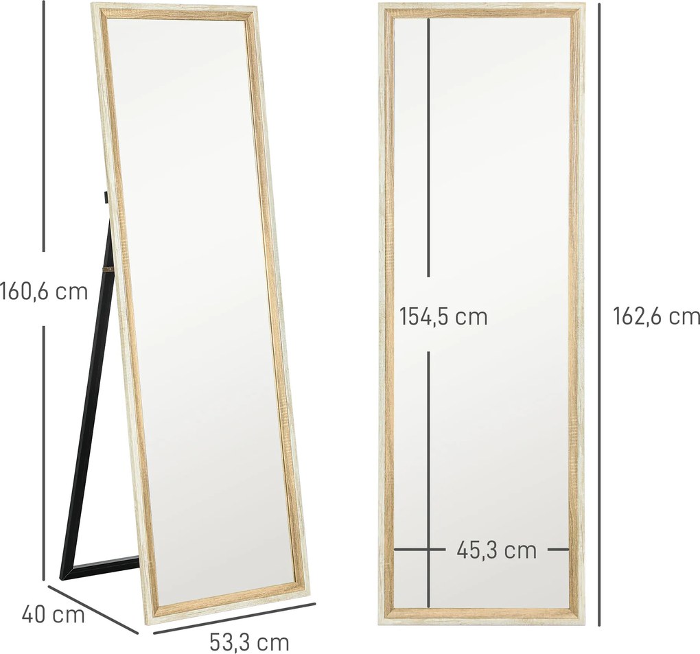 HOMCOM Lustro całosylwetkowe, rama MDF, folia antyrozbryzgowa, 162,6 x 53,3 cm, Naturalne drewno