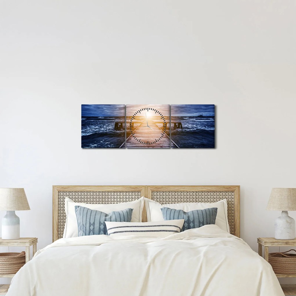 Obraz molo ze słońcem (z zegarem) (90x30 cm)
