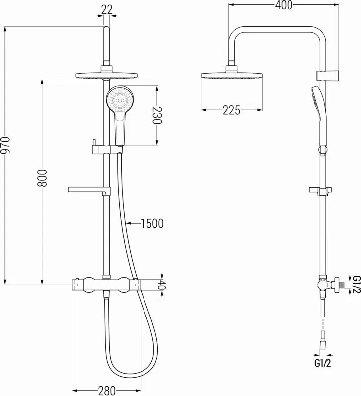 Mexen KX05 zestaw prysznicowy natynkowy z deszczownicą i baterią termostatyczną, chrom/biały - 771500591-00