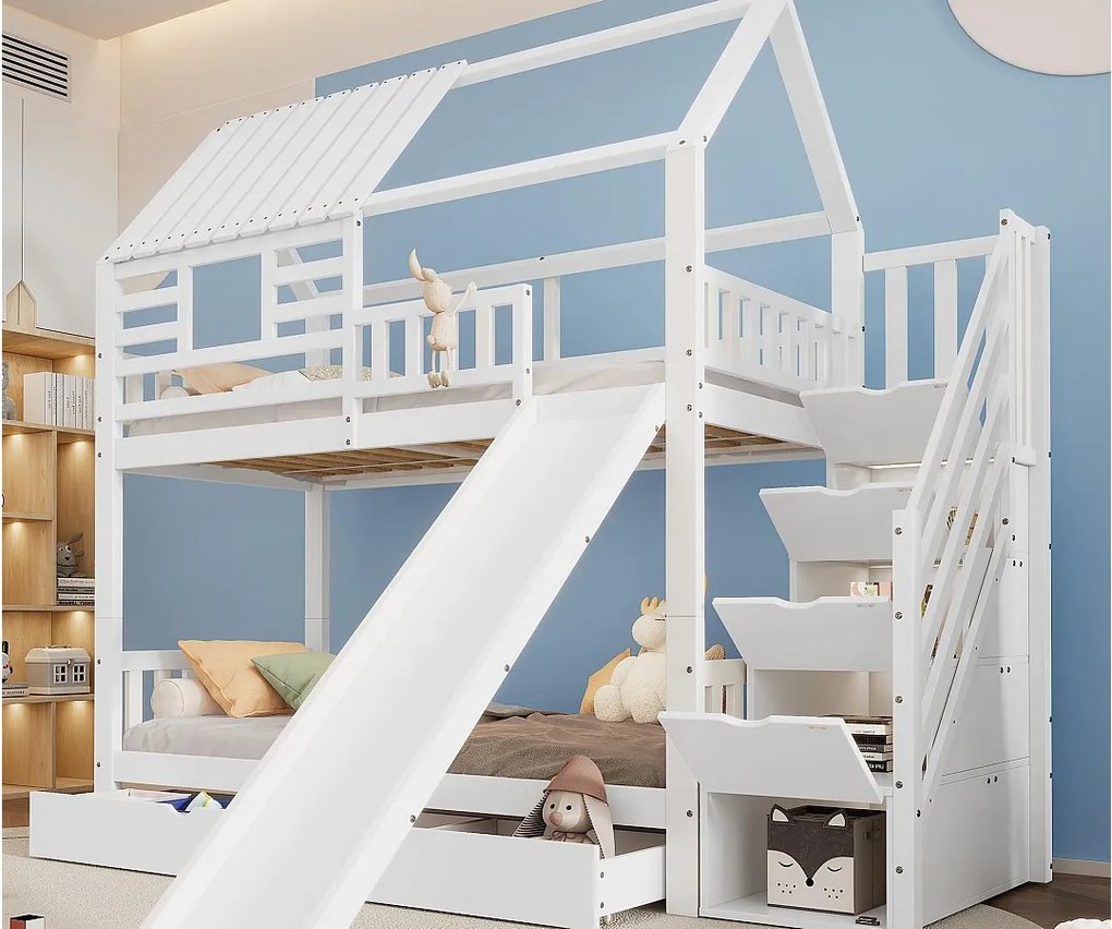Łóżko piętrowe 90x200cm z drewna i MDF - z zjeżdżalnią i schodami do przechowywania - duża szuflada pod łóżkiem - Białe