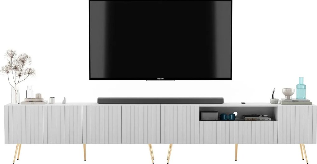 Szafka RTV z 7 drzwiczkami i wnęką - Korpus biały mat, ryflowane fronty biały mat - 300 cm, złote nóżki