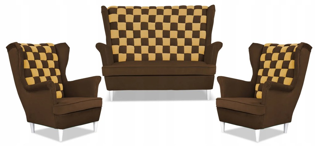 Zestaw uszak CAROL DUO sofa fotele Family Meble brązowo - żółty