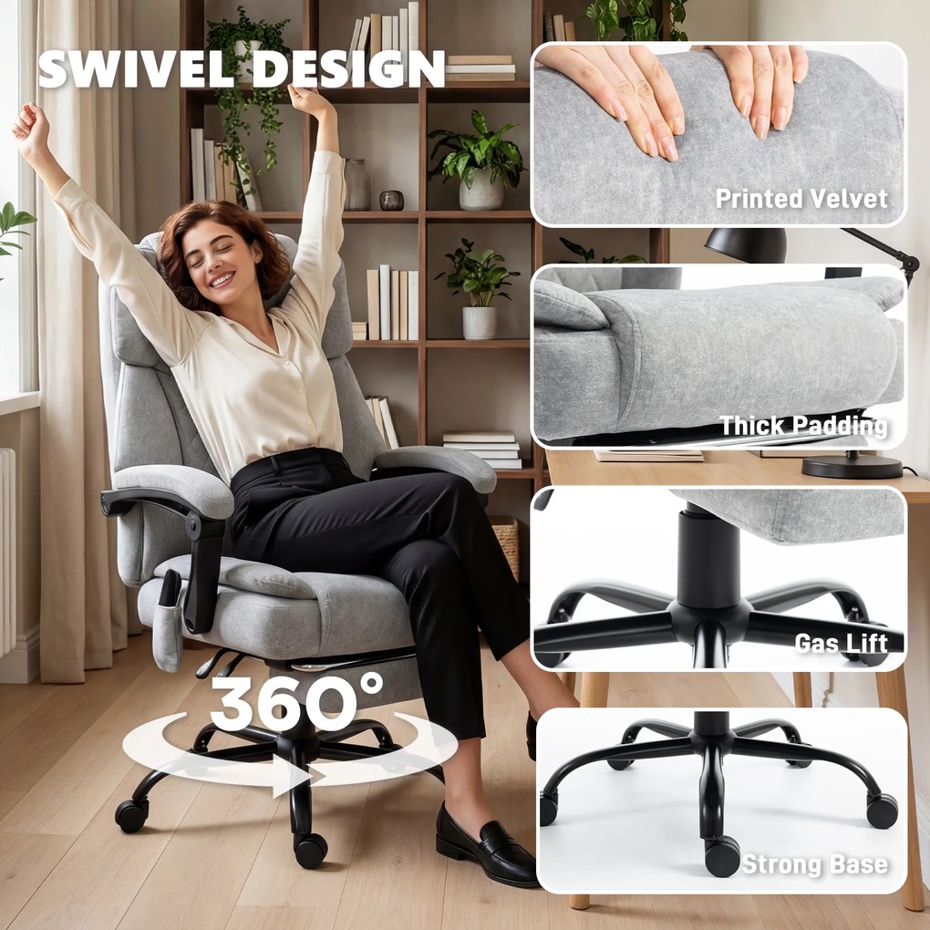 HOMCOM Fotel biurowy z wysokim oparciem, masażem wibracyjnym, funkcją podgrzewania, regulowanym oparciem, podnóżkiem, pilotem, szary | Aosom PL