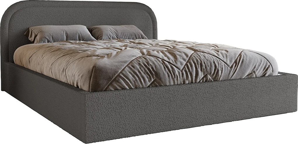 Łóżko bouclé 140x200 Dune, dwuosobowe z okrągłym zagłowiem, pojemnik, stelaż drewniany - ciemnoszary
