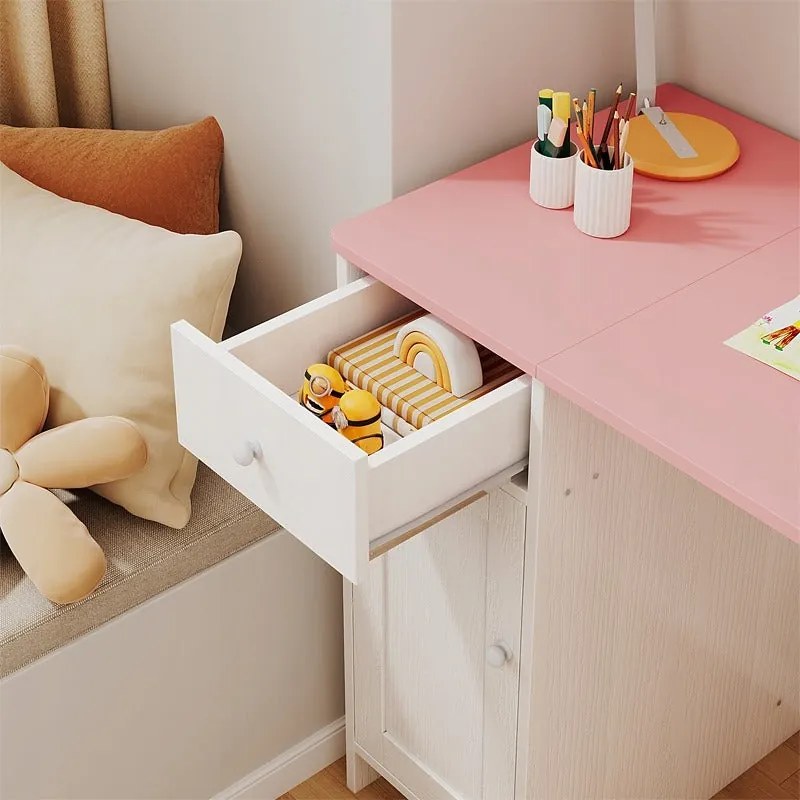 Biurko białe z szufladą szafką dla dziewczyny z różowym blatem loft pojemne