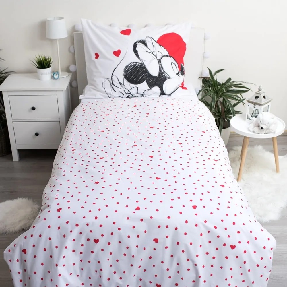 Czerwona/biała bawełniana pościel dziecięca jednoosobowa 140x200 cm Mickey and Minnie "Love" – Jerry Fabrics