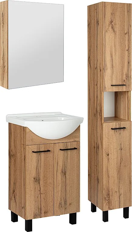 Zestaw Łazienkowy Szafka z Umywalką 50cm Słupek 30cm Szafka z Lustrem Dąb Wotan Lupo Wotan