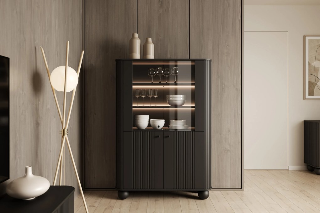 Witryna Vesper do salonu - czarny / czarne uchwyty / nogi kule