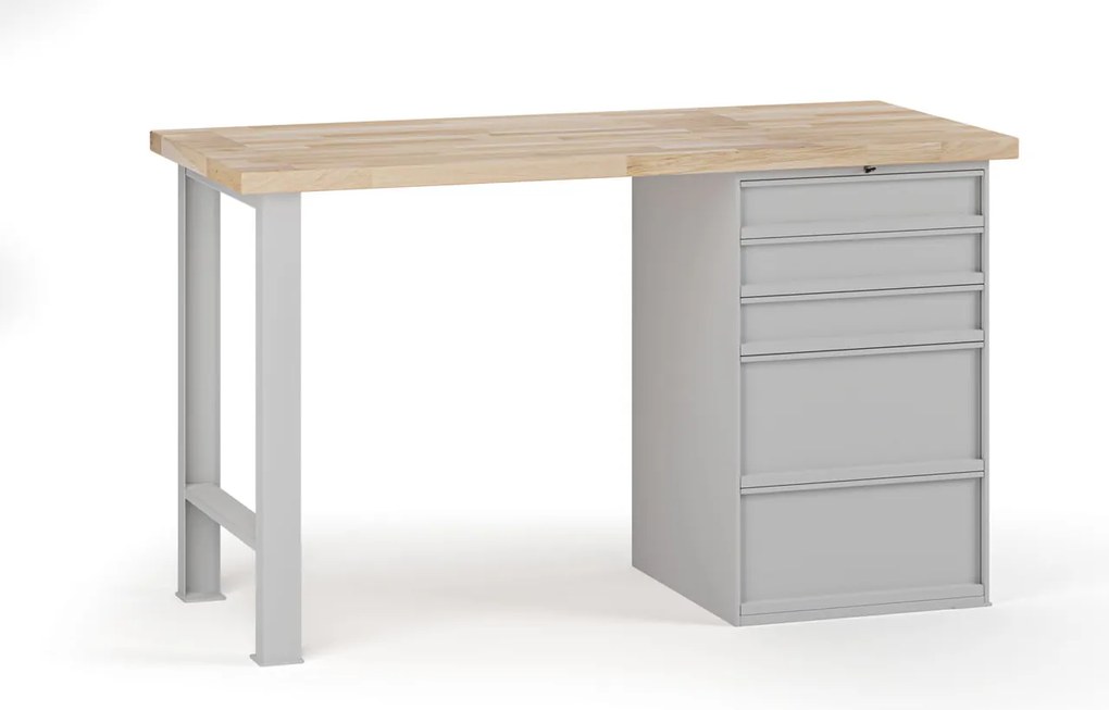 Stół warsztatowy G7, blat bukowy, 1500 x 685 x 840 mm, 1x kontener, 5x szuflada, szary