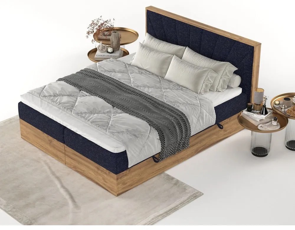 Ciemnoniebiesko-naturalne łóżko boxspring ze schowkiem 140x200 cm Asahi – Maison de Rêve