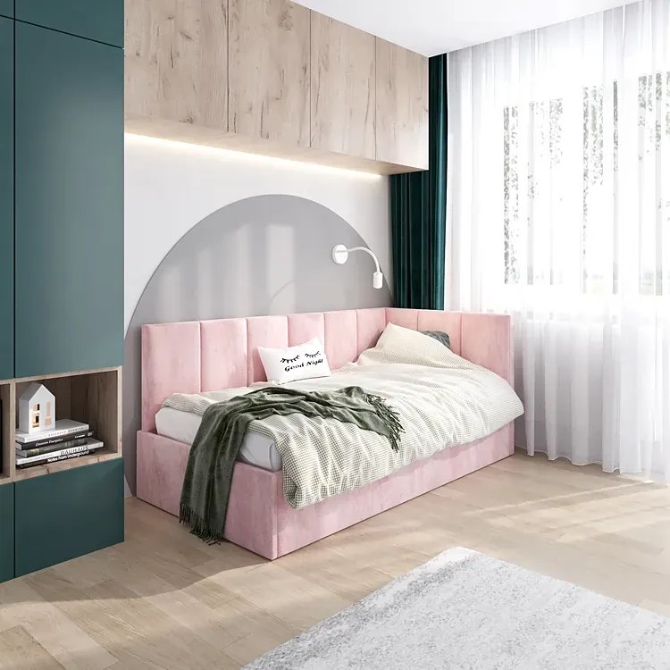 Różowa młodzieżowa sofa welurowa z pojemnikiem 120x200 - Golones 5X