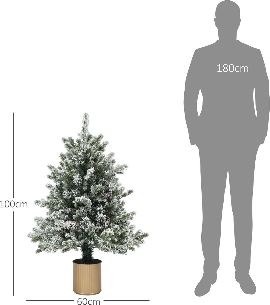 HOMCOM Choinka z szyszkami, pokryta śniegiem, niepalna, stabilna, Ø60 x 100H cm, Zielony/Złoty | Aosom PL