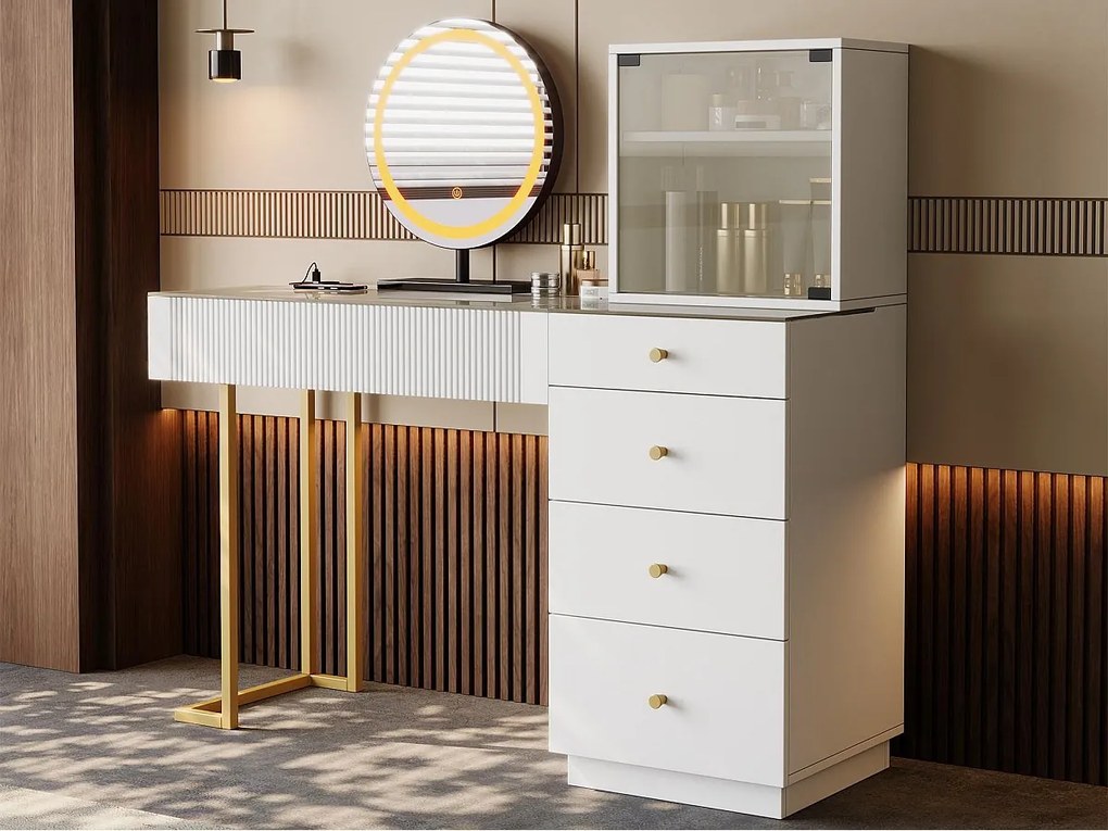 Toaletka z lustrem 120x40x120cm - z regulowanym oświetleniem LED - z 5 szufladami i 1 szklanymi drzwiami - Biały​ (stołek nie jest wliczony w cenę)
