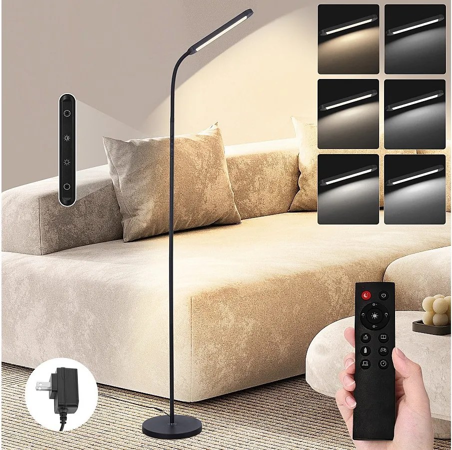 NETTLIFE Lampa podłogowa LED do salonu, ściemnialna, czarna, 11 W, elastyczna, 360°, sofa