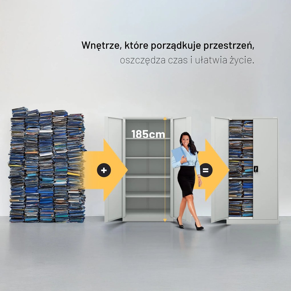 Biurowa szafa metalowa na akta JAN, 900 x 1850 x 400 mm szara