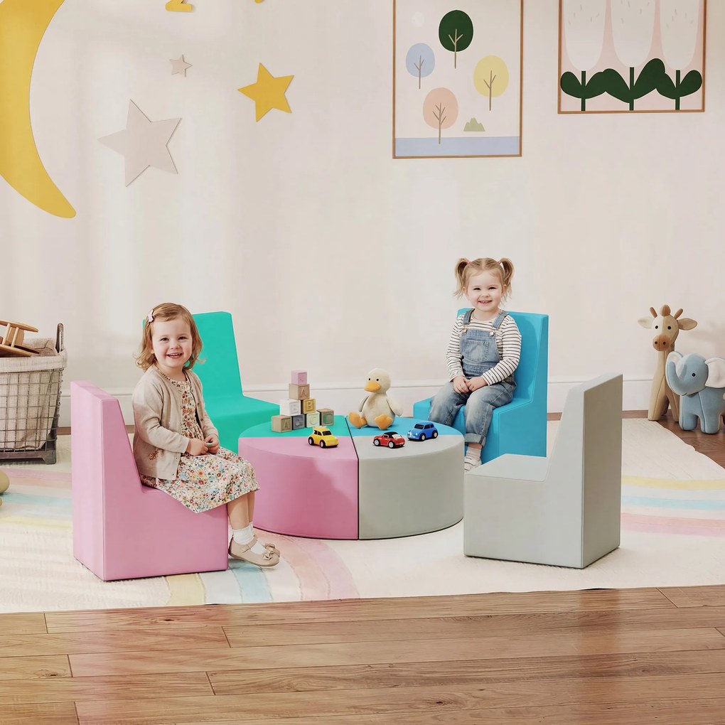 AIYAPLAY 8-częściowy zestaw klocków z pianki dla dzieci z funkcją stolika i siedzisk, miękkie klocki z materiału PU, wielokolorowe | Aosom PL