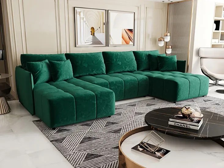 Welurowa zielona sofa rozkładana z pojemnikiem na pościel - Szafir