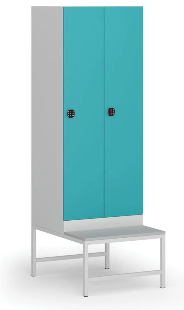 Szafka ubraniowa S1 z ławką, 2-drzwiowa, 1875 x 600 x 500/800 mm, zamek kodowy, drzwi zielone