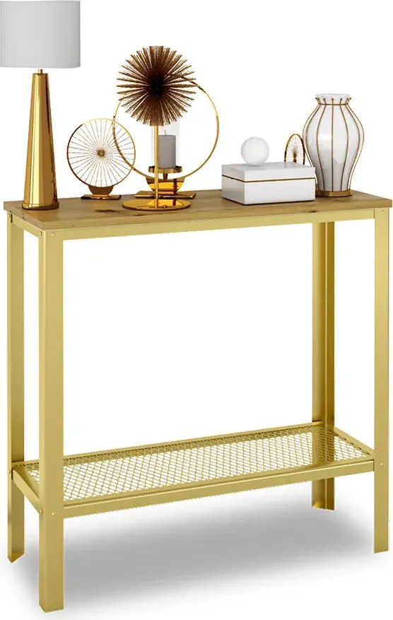Minimalistyczna konsola z półką złoty + dąb artisan E7-S33