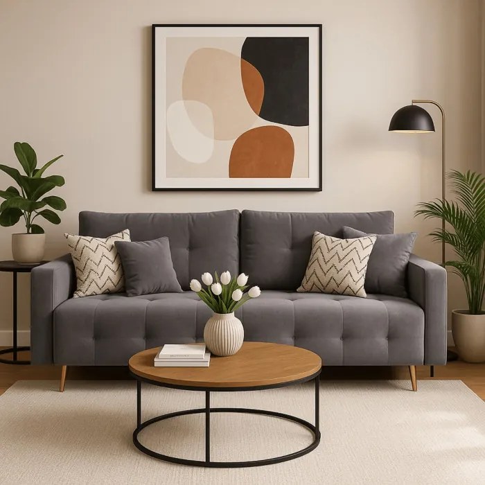 Sofa z Funkcją Spania SEUL Rozkładana Dwuosobowa Welurowa Szara Nowoczesna do Salonu