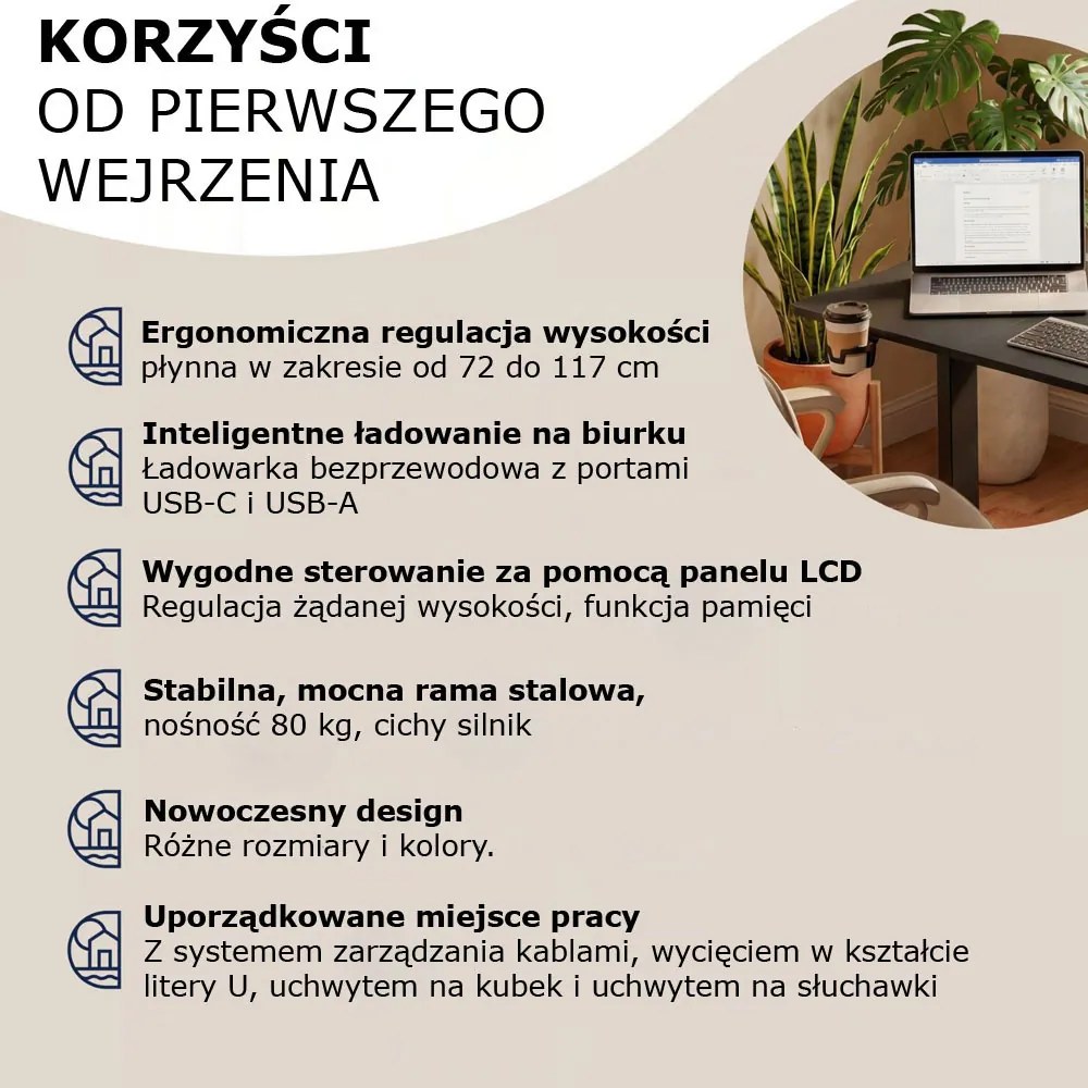 Regulowane biurko biurowe FLEXI, 160x70x72-117cm, czarne Casaria