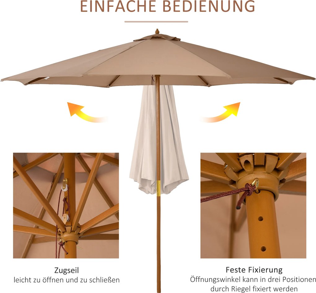 Outsunny Parasol ogrodowy z drewna 300 cm, Parasol na balkon z bambusa, Khaki
