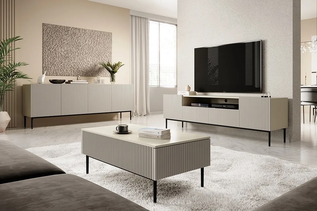 Komoda Nicole 200 cm czterodrzwiowa z ryflowanym frontem - kaszmir / czarne nóżki