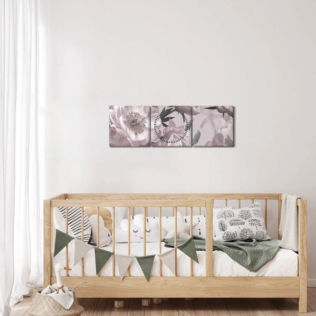 Obraz - Vintage kwiaty piwonii (z zegarem) (90x30 cm)