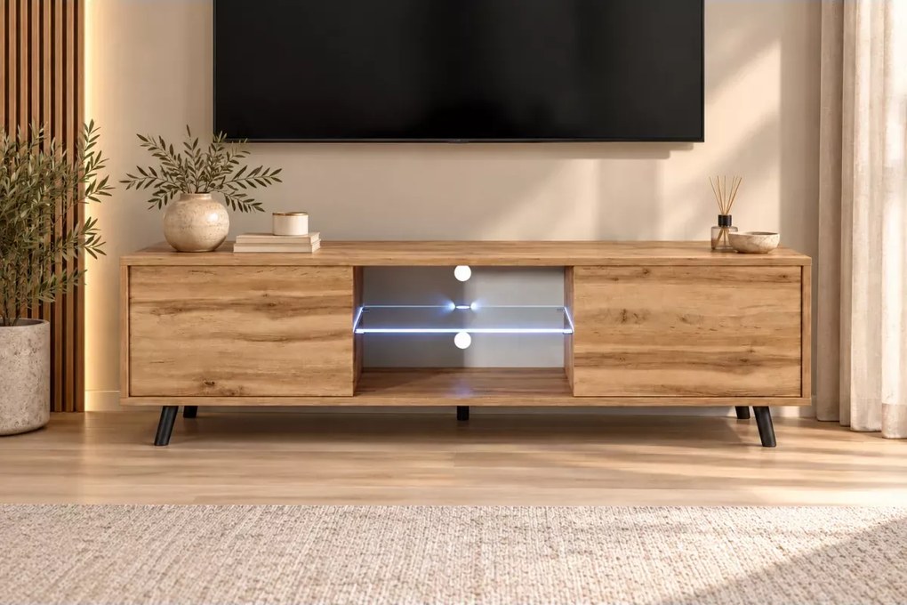 Szafka RTV Eleza z oświetleniem LED, wnęką na sprzęt i dwiema szafkami