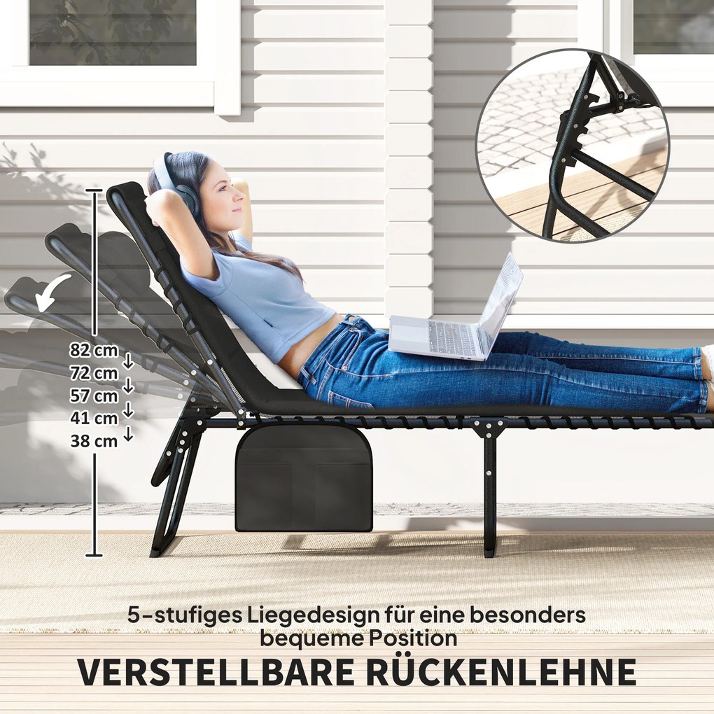 Outsunny Zestaw 2 leżaków składanych z poduszką, 5-stopniowo regulowane oparcie, kieszeń boczna, czarny | Aosom PL