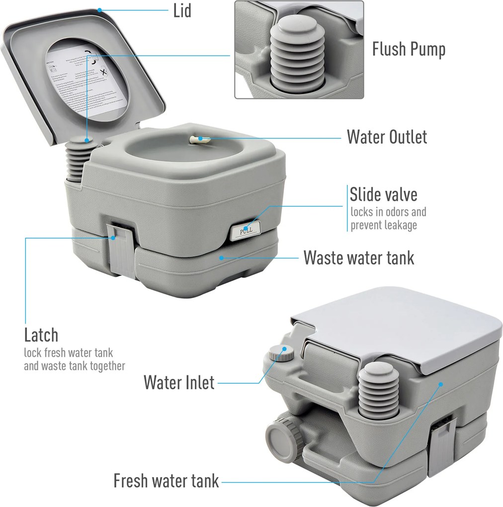 HOMCOM Toaleta zewnętrzna, przenośna, z zbiornikiem na odpady i zbiornikiem do spłukiwania, z plastiku, z pokrywą, Szara