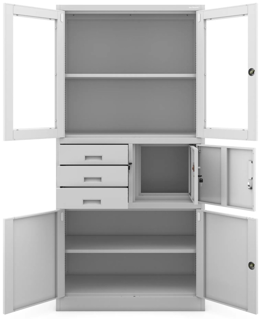 Szafa biurowa metalowa z sejfem, szklane drzwi, szara, 900x1850x400 mm: FILIP
