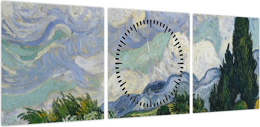 Obraz - Vincent van Gogh, Wheat Field with Cypresses, reprodukcje (z zegarem) (90x30 cm)