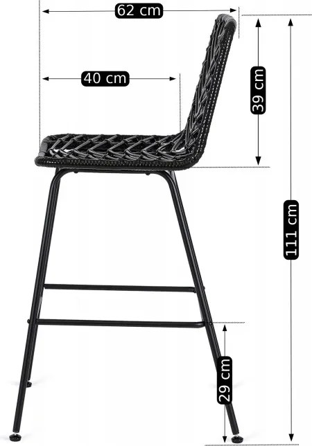 Hoker Rattanowy JERRY Ogrodowy Krzesło Barowe Czarny Boho