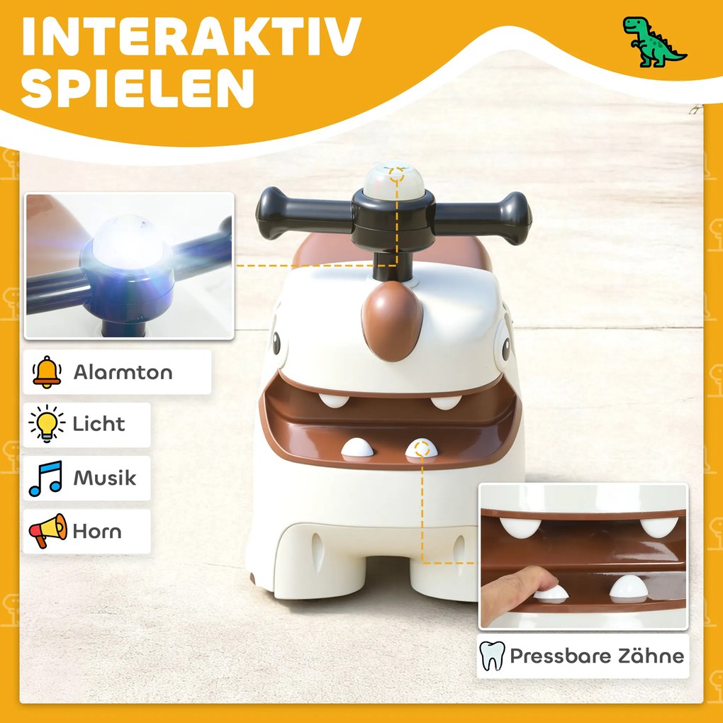 AIYAPLAY jeździk, design dinozaura, kierownica, światła, dźwięki, 4 koła, kremowo-biały+brązowy | Aosom PL