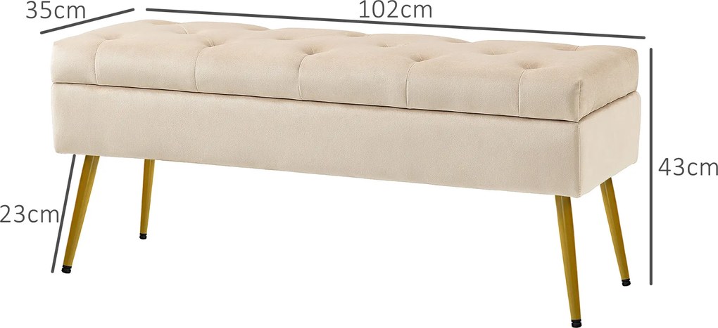HOMCOM Ławka z miejscem do przechowywania w wyglądzie aksamitu, pikowany podnóżek z tapicerowaną ławką, rama metalowa, 102 x 35 x 43 cm, Beżowy