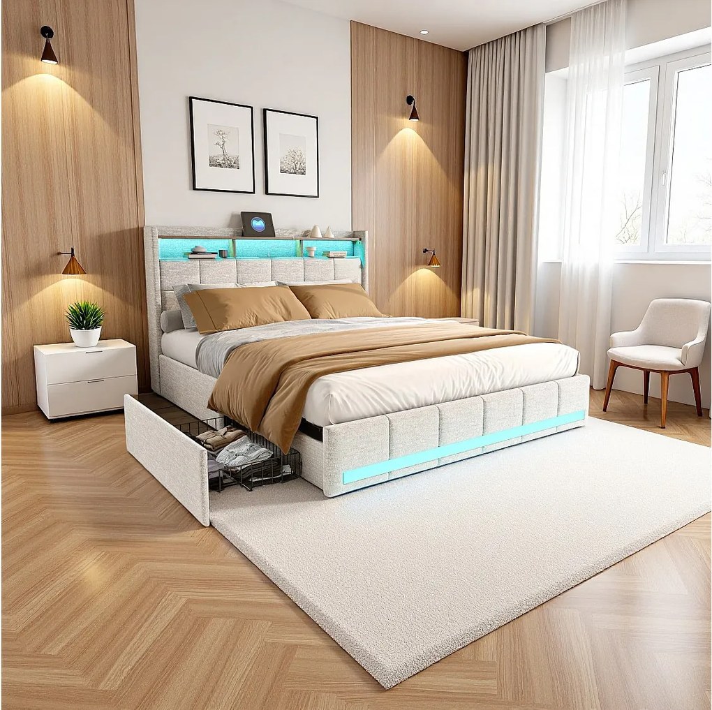 Nowoczesne Beżowe Łóżko Lin 160x200 cm z 4 Szufladami, LED, USB, Typ C - Podwójne Łóżko Dla Dorosłych z Stelażem Listwowym