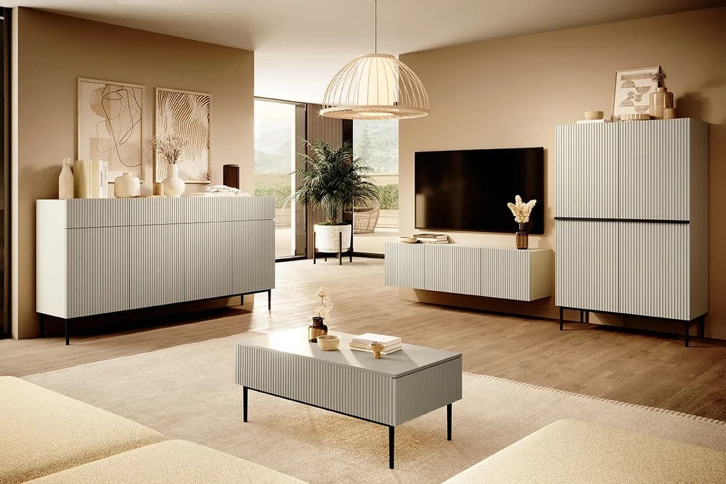 Komoda Nicole 200 cm czterodrzwiowa z szufladami z ryflowanym frontem - kaszmir / czarne nóżki