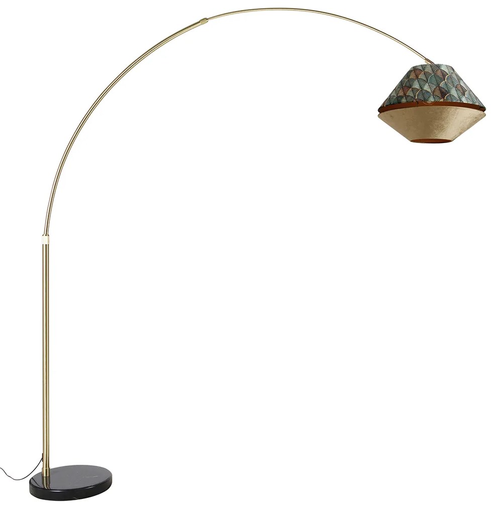 Luk Mosiężna lampa łukowa z podwójnym aksamitnym abażurem z motywem liści i w kolorze beżowym - XXL klasyczny/Antyczny Oswietlenie wewnetrzne
