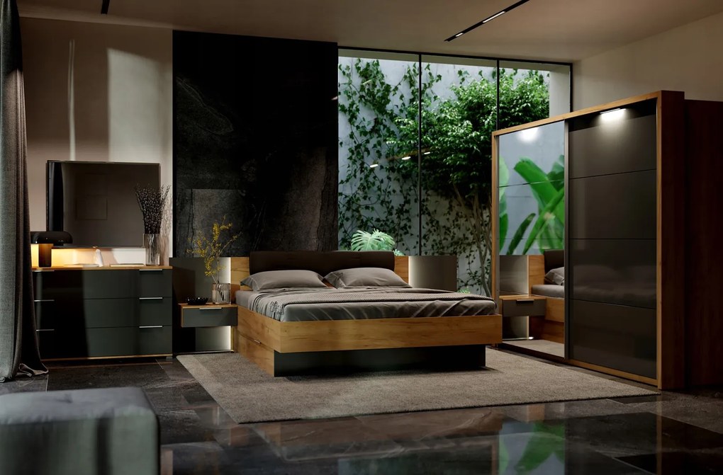 Łóżko 180x200 z szufladami i oświetleniem LED Luna 36, dąb craft/matt lava połysk