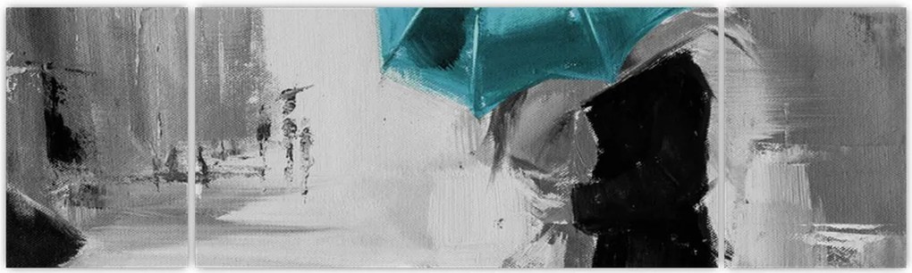 Obraz - Zakochana para z parasolem, niebieski (170x50 cm)