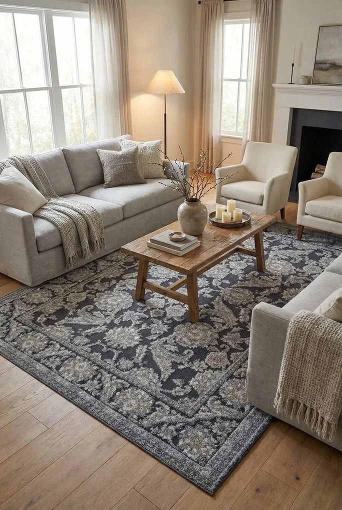 Szary klasyczny dywan w kwiaty P1-H00