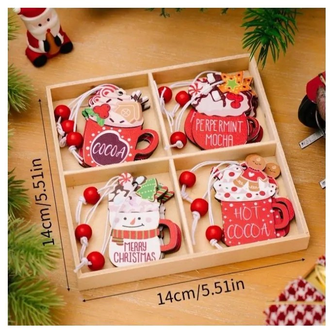 Zestaw HOT DRINKS Świąteczne dekoracje drewniane, 12 szt
