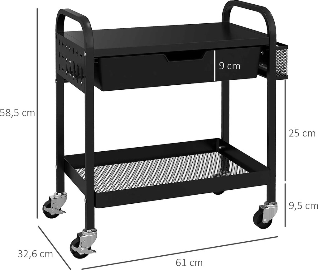 HOMCOM Wózek wielofunkcyjny z 1 Szufladą, 1 Półką, 4 Kółkami, Wózek Kuchenny, Czarny | Aosom PL