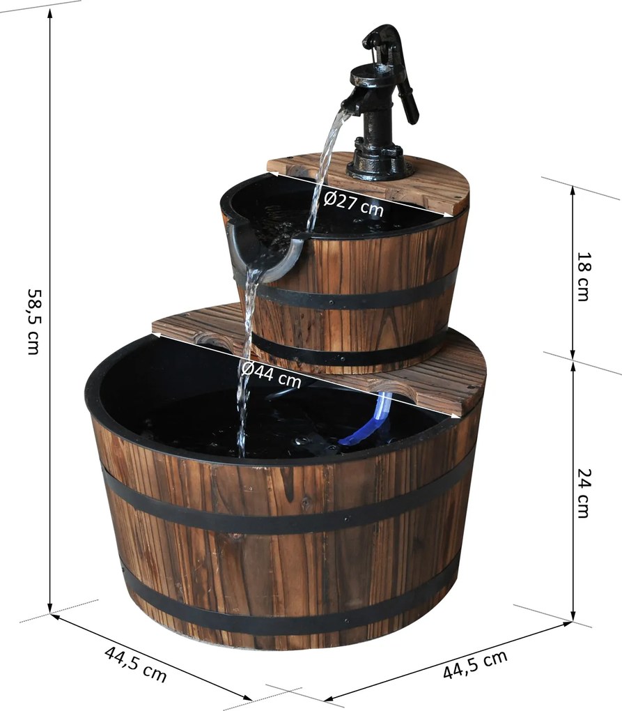 Outsunny Dekoracyjna fontanna ogrodowa kaskadowa drewniana 2-poziomowa ciemny brąz 44x44x58 cm | Aosom PL