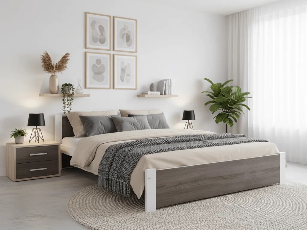 Łóżko IKAROS 160 x 200 cm, biały/dąb truflowy Stelaż: Ze stelażem listwowym rolowanym elastycznym, Materac: Materac Deluxe 10 cm