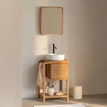 Zestaw Mebli Łazienkowych Z Drewna Tekowego Bradley Okrągły Ceramiczny Biały Ø40 Cm Lenka & Czarny Matowy ↑30 Cm Z Zaworem Spustowym Bez Przelewu Orve