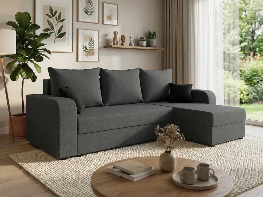 Rozkładana narożna sofa VALERIO 238x140 cm, ciemnoszara, uniwersalna + 2 poduszki GRATIS