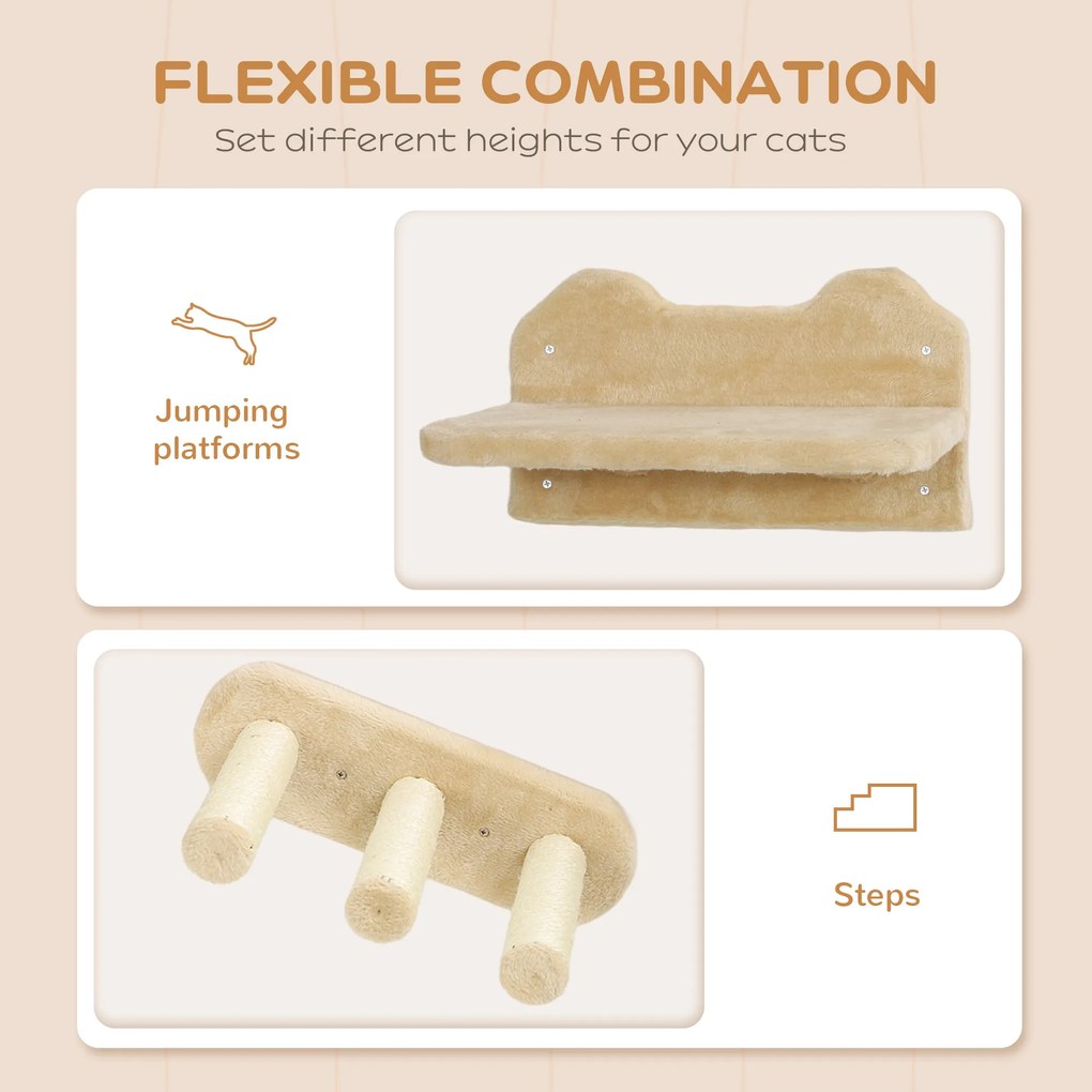 PawHut Zestaw schodków dla kota, montaż ścienny i sufitowy, dla kotów do 5 kg, Beżowy