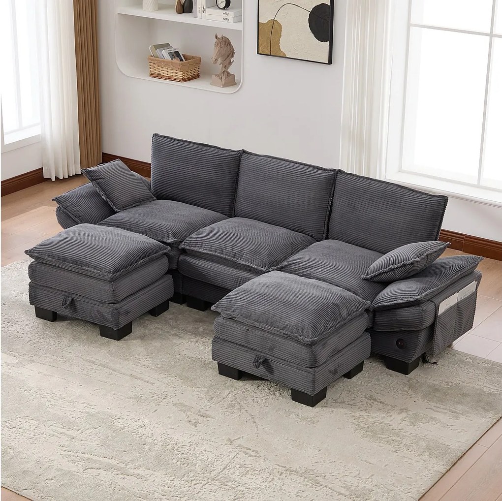 Zestaw wypoczynkowy z tkaniny sztruksowej 3-osobowy - 260 x 132 x 84 cm - z 2 pufami ze schowkiem + port USB + kieszenie - ciemnoszary
